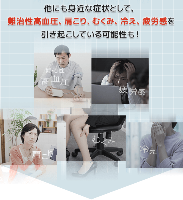 他にも身近な症状として、難治性高血圧、肩こり、むくみ、冷え、疲労感を引き起こしている可能性も！